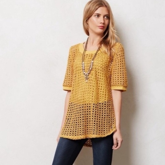Anthropologie Angel of north crochet XL sweater Large Mustard - Picture 1 of 6